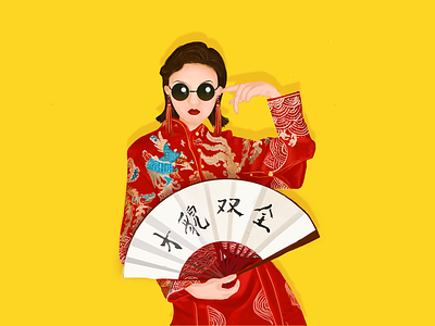 Cool girl in traditional Chinese wedding dress illustration