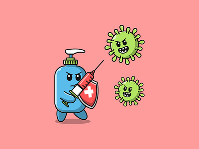 Bottle Hand Sanitizer Fighting with Corona Virus bottle cartoon coronavirus graphic design illustration mascot virus