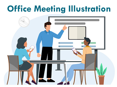 Office meeting Illustration app flat flat illustration graphic design icon illustration landscape minimal office meeting office staff office staff meeting people people meeting ui ux vector web website illustration