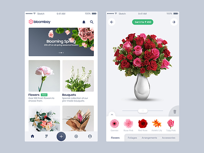 Bouquet Creation App appdesign bloombay bouquet drag drop ecommence floral florists flower flower shop ios mobile app shop app
