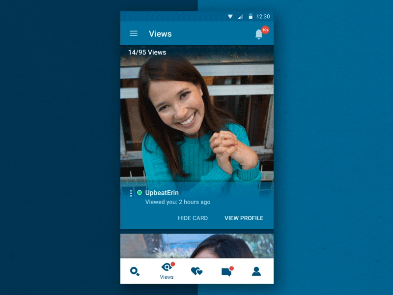 Zoosk 'Views' Android Material android android material animation cards dating dating app online dating ui user experience ux vertical scrolling zoosk