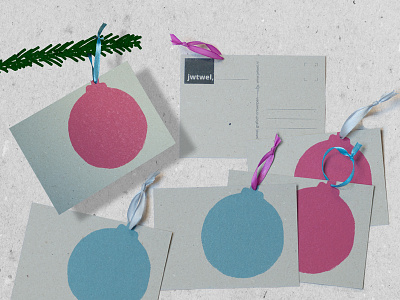 Christmasball Lino postcards christmascard craft design fuchsia graphic greyblue greyboard handpress linocut postcard