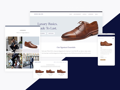 Koch & Co. Footwear brand design e comerce ecommerce editorial elegant footwear lifestyle luxury brand luxury design mens fashion menswear minimalist modern squarespace typography ui ux ui design web design