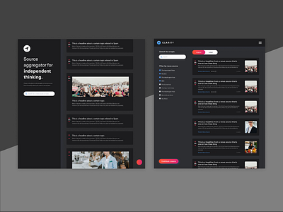 Clarity UI Design consumer dark app dark theme dark ui feed gradient layout magazine news app newsfeed product design reddit saas search twitter ui design ux ui ux design uxui web app