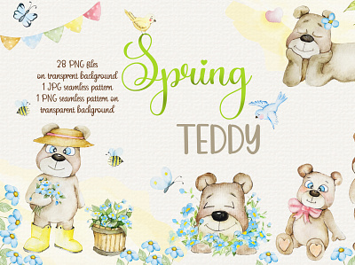 Spring Teddy design hand draw illustration teddy watercolor