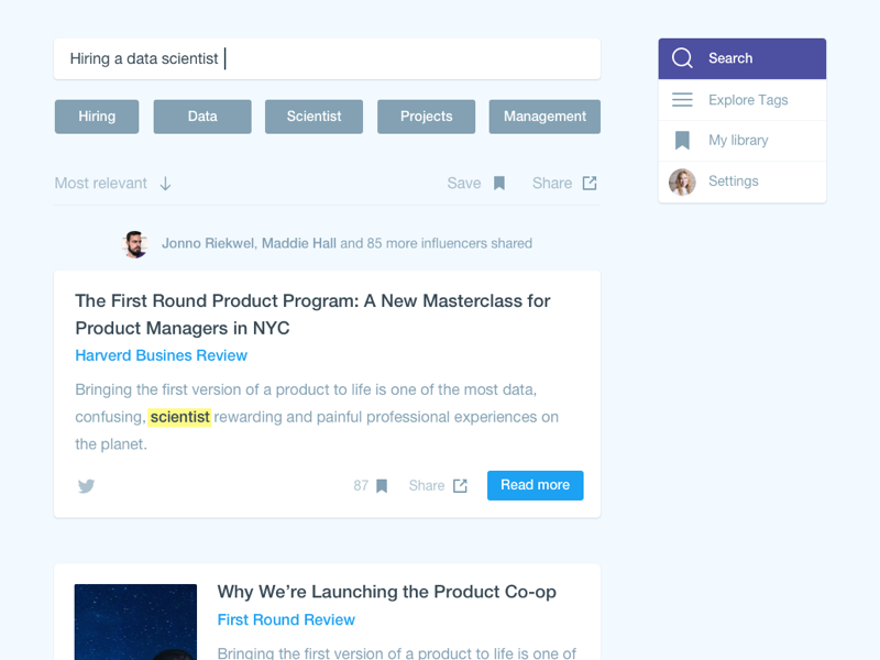 Hiring a data scientist cards first search first round purple blue search