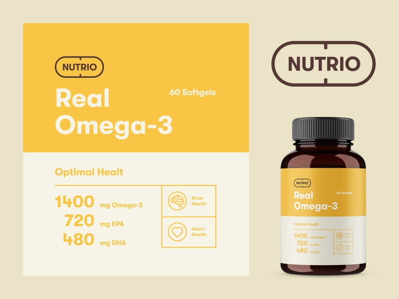 Packaging design for Nutrio Omega-3 brand identity branding fish oil label logo logo design logotype nutrition omega omega 3 packaging packaging design supplement vitamin