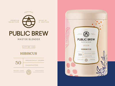 Packaging design for Public Brew Hibiscus Tea brand identity branding drink emblem hibiscus label logo logo design mark monogram packaging packaging design tea