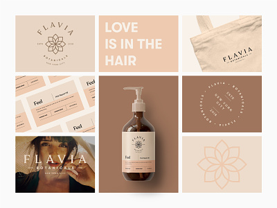 Branding Moodboard for Flavia Haircare branding cosmetics emblem feminine flower haircare logo natural packaging skincare wellness woman