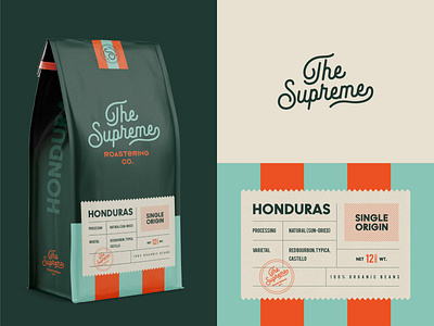 Branding & Packaging for The Supreme badge branding cafe coffee coffee shop label logo logomark monogram packaging pattern roastery stamp