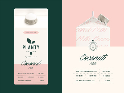 Packaging design for Planty Plant-Based Milk brand identity branding coconut dairy drink emblem label logo milk monogram non dairy packaging plant planty stamp typogaphy