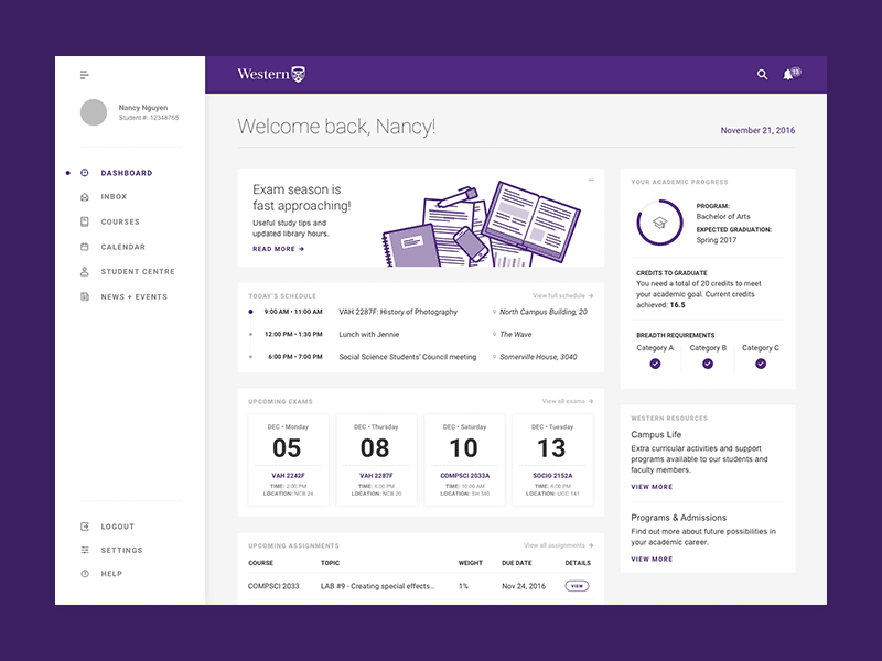Student dashboard concept