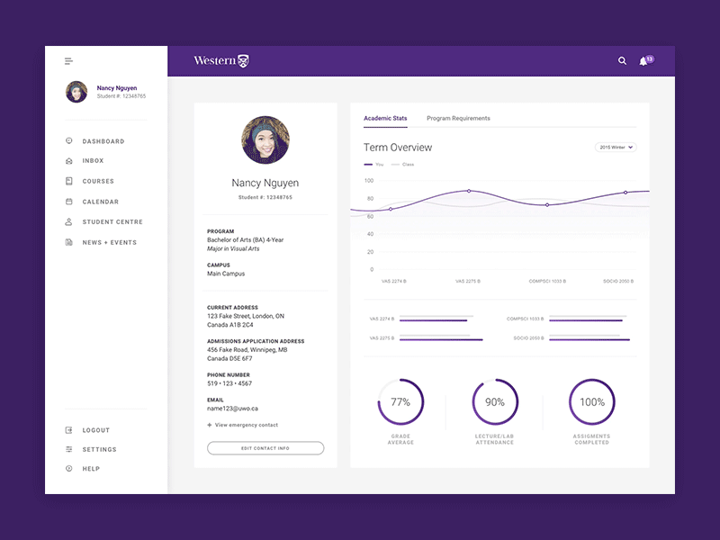 Student dashboard - Profile screens