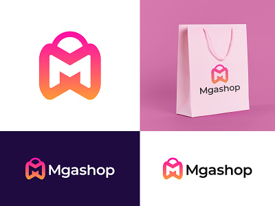 Mgashop logo mark. Letter ( M + Shopping Bag ) Logo Branding