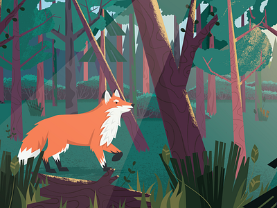 The Edge of the Woods design forest fox grass illustraion plant sunlight texture tree vector vector illustration woods