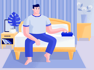 What's in the box? bed bedroom character design flat guy home illustration plant texture vector web