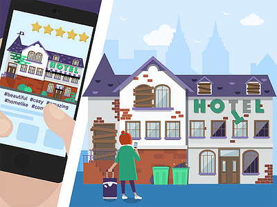 Travel App Expectations/Reality Illustration app building design flat graphic hotel house illustration mockup skyline traveling