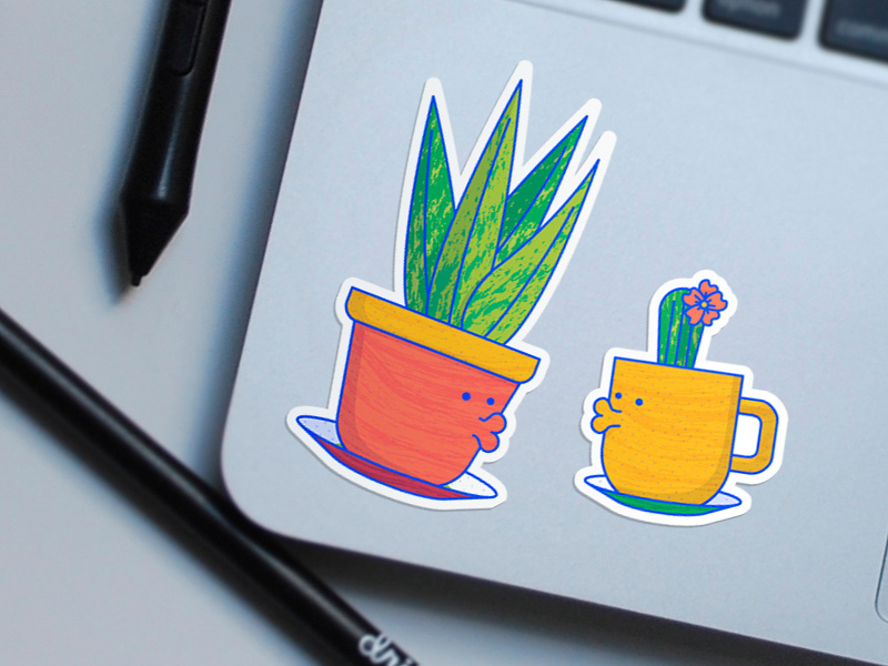 Lovely Plants Sticker Design sansevieria cacti pot cup custom stickers illustration dots design texture plant sticker