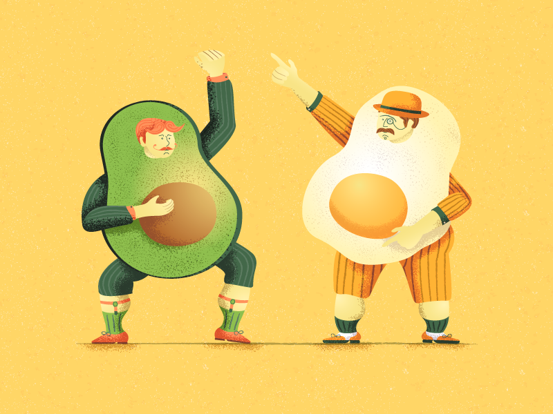 Breakfast Band vector design dancing egg avocado breakfast character texture dots illustration