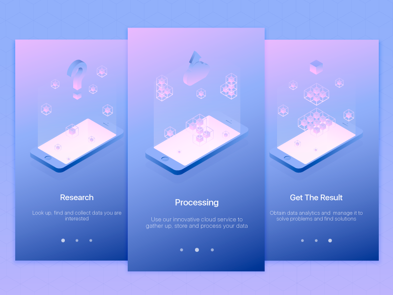 Onboarding Data App Illustrations ui onboarding isometric gradient cube mobile app design light vector illustration clean