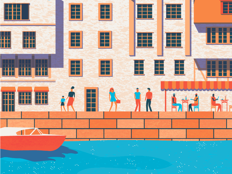 Old Town Poster Illustration flat boat water poster illustrator illustration people house town texture design vector