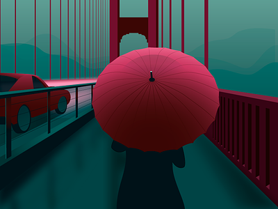 Crossing the Bridge bridge car design golden gate gradient illustration poster rain san francisco umbrella vector walking