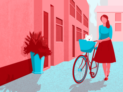 Girl With Her Bike bicycle building character dog flat girl illustration light plant street texture vector