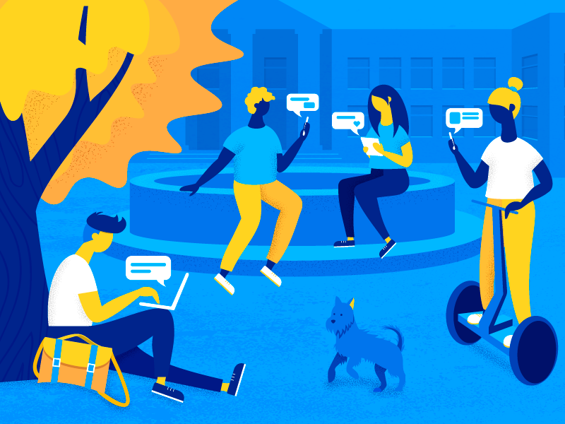 Break Between The Classes campus college texture hero image design people character dog chat illustration vector web