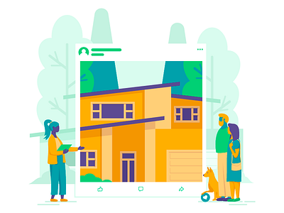 Showcasing The New House advertisement dog facebook family flat hero image house illustration real estate realtor trees vector