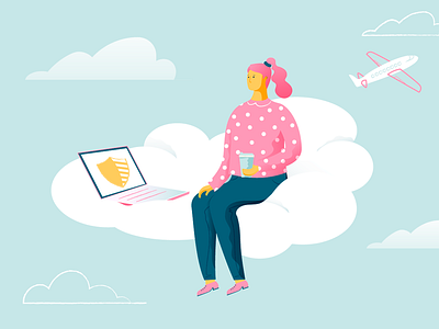 Cloud Computing character cloud design flat girl illustration laptop plane sky texture vector web