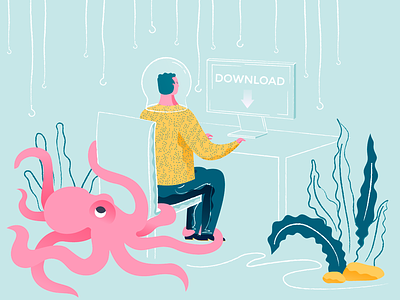 Dangers of Phishing character design flat illustration ocean octopus pc plant texture underwater vector web