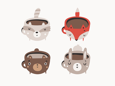 Cute cups set animals bear bunny coffee cup cute design drink fox icon illustration raccoon set sticker vector