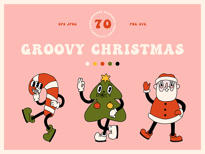 Groovy Christmas candy cane cartoon character christmas creative market cute design groovy illustration mascot pink retro retro cartoon santa snata claus style tree vibe vintage