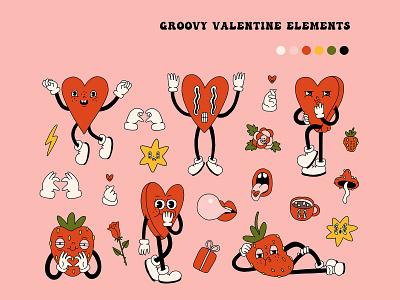 Groovy retro Valentines day stickers