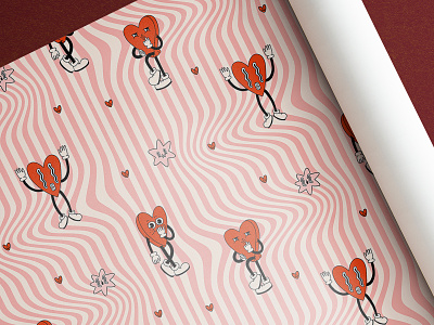 Groovy retro Valentines day wrapping paper branding cartoon character creative market cute design happy heart illustration pattern pink red retro striped trendy valentine valentines day vintage wrapping paper