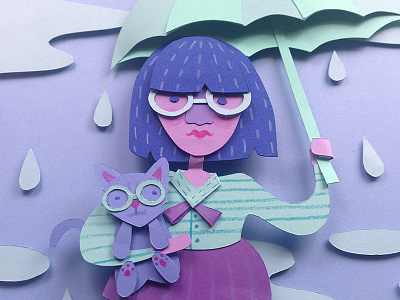 Rainy Days & Cats 3d cats hand cut lady paper paper artist paper cut rain three dimensional umbrella