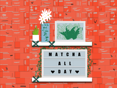 Matcha Tea art art wall brick wall coffee coloful flower green illustration matcha shop tea wall wallpaper