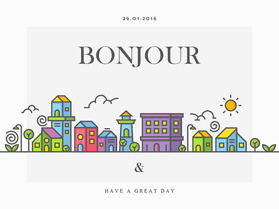 Bonjour Everyone city color colour flat design house illustration layout