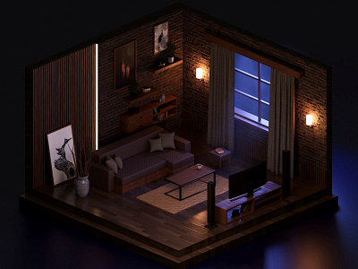 Night isometric room 3d 3dgraphic blender design illustration interior isomentic lowpoly modeling texture