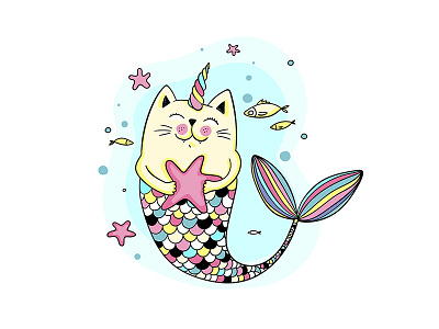 Cat - mermaid cat character colorful fashion illustretion kids mermaid nursery sea summer t shirt trendy