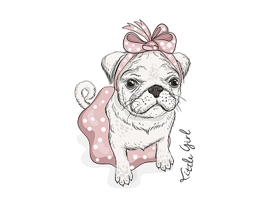 Little pug bow fashion girl illustration kids mops print pug t shirt vector