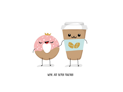 Coffe+Donut=Love)) cartoon character coffee day design donut heart illustration kawaii sweet valentines vector