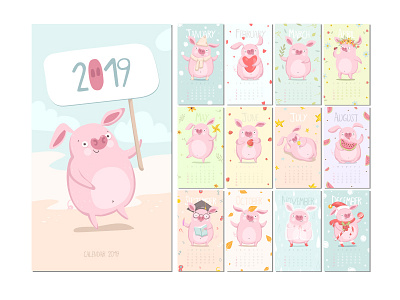 Calendar 2019 2019 calendar cartoon cute design fun illustration new pig year