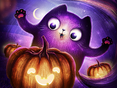 Happy halloween with cat) cartoon cat character cute design drawing halloween illustration light magic night print pumpkin