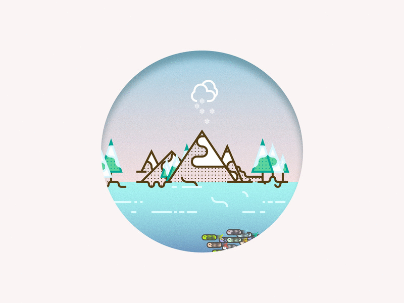 The Mountain blue fish graphic icon mountain pastels pink sea sky snow trees water