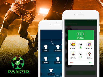 Fanzir feeds football game mockup pitch popup screens soccer social sports