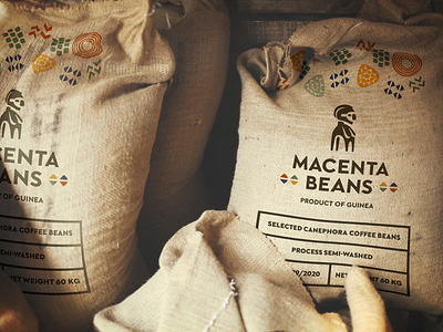 Natural and earthy, yet still modern african bag beans brand branding canvas clean coffee design guinea identity jute minimal mockup packaging print rough simple stamps transport