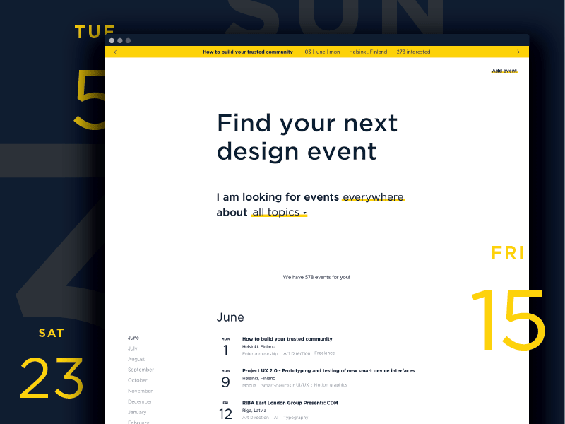 We ❤️ design events! calendar clean date desktop event find landing list minimal one page pager web