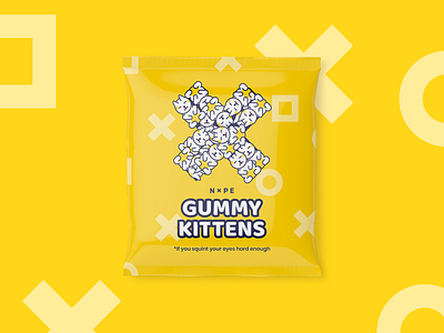 Gummy Kittens brand branding bright candy cartoon chracter comic design funny gear gift illustration mock up packaging product branding swag typogaphy yellow