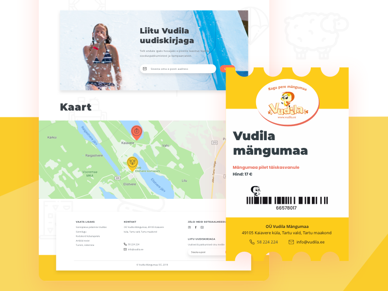 Grab a ticket! location minimal yellow online barcode pointer map footer landing print colorful bright clean amusement park ticket brand design ui ux web